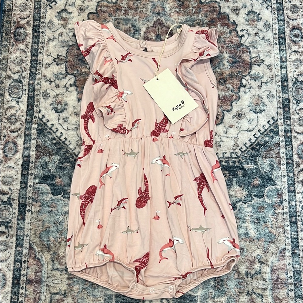 Kyte BABY Pink Romper with Flamingo Print and Ruffle Hem
